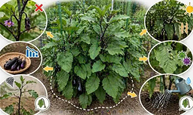 ナスの葉が多すぎると起こるトラブル（実がならない・日当たり不足・病害虫・水切れ）の解説イメージ