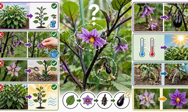 ナスの花が咲くのに実がならない原因と対策（受粉不良・肥料過多・水やり・気温）の解説イメージ