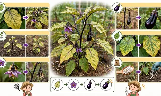 ナスの肥料不足のサイン（葉が黄色い・成長が遅い・花や実が弱い）と改善方法の解説イメージ