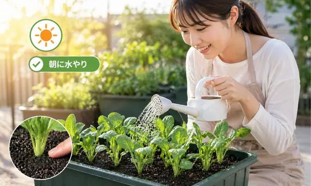 野菜の苗はいつ水やりする？朝に与える小松菜の水やり方法