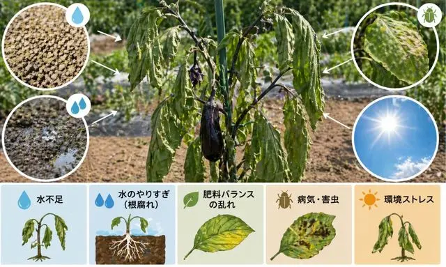 ナスの葉がしおれる原因（水不足・根腐れ・肥料不足・病気・環境ストレス）をまとめた図解イメージ