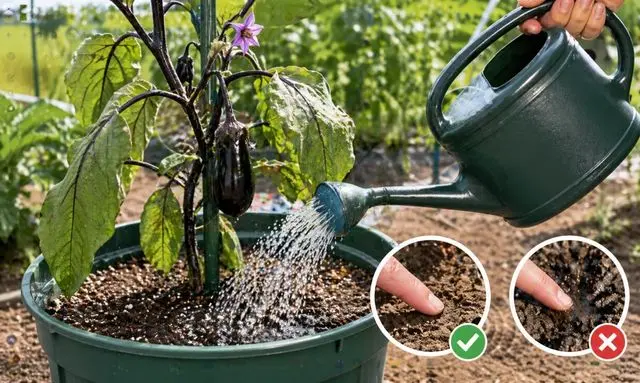 ナスの水やり方法と土の乾き具合の見分け方（乾いた土はOK・湿った土はNG）を示す家庭菜園の様子