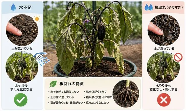ナスの根腐れと水不足の違いを比較した図解（湿った土と乾いた土、しおれの回復の違いを解説）
