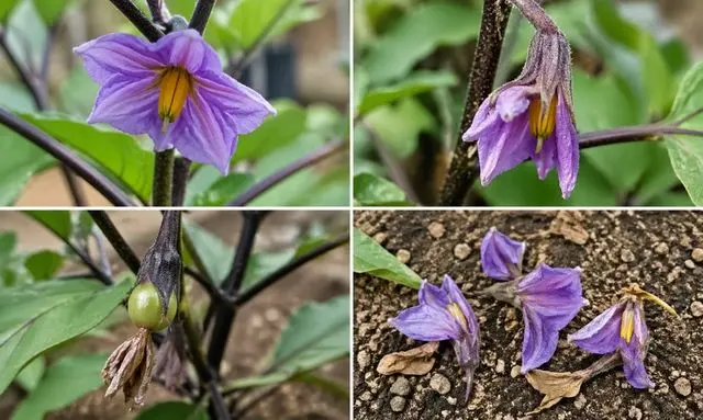 ナスの花が咲いた後にしおれて落ちる様子と小さな実の成長過程を比較した画像