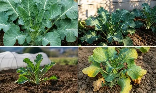ブロッコリーの花蕾ができない原因別の比較画像（葉ばかり・小さい・黄色い症状）