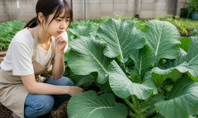 葉が大きすぎるブロッコリーを見て悩む家庭菜園の女性