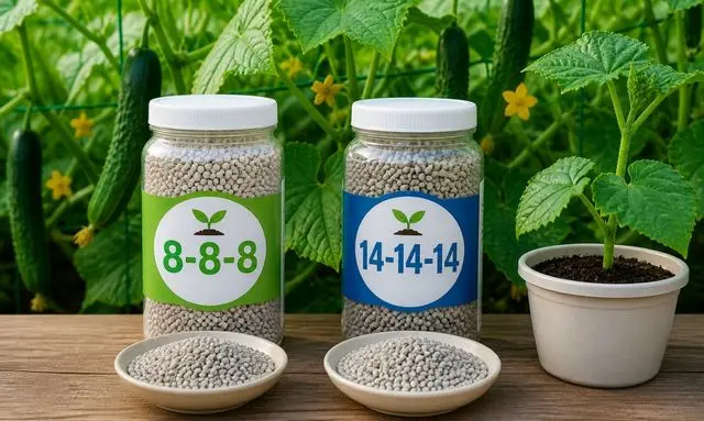 きゅうりの肥料は8-8-8と14-14-14どっちがいい？違いを比較したイメージ