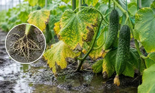 水のやりすぎで弱ったきゅうりの症状と根腐れの様子
