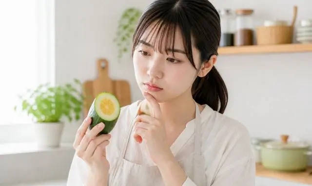 きゅうりの断面を見て中がオレンジに変色しているか確認する女性