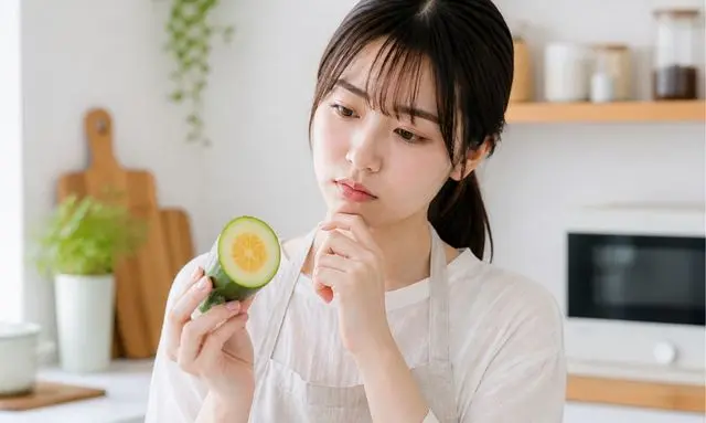 きゅうりの中がオレンジで食べられるか迷う女性