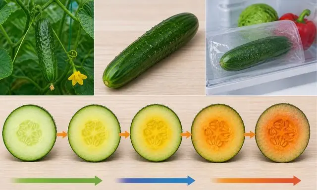 きゅうりの収穫から保存までで中の色が変わる様子の比較