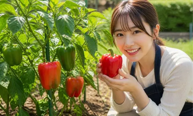 家庭菜園で赤くなったピーマンと収穫する女性のイメージ
