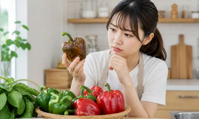 茶色くなったピーマンをチェックする女性と食べられるかの判断イメージ