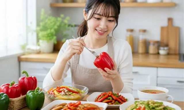 赤ピーマンを料理に使う女性と食べ方のイメージ