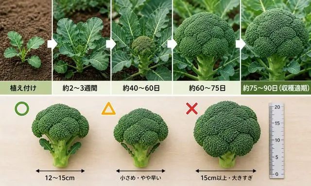 ブロッコリーの収穫までの日数と成長過程｜植え付けから60〜90日で収穫する目安とサイズ比較