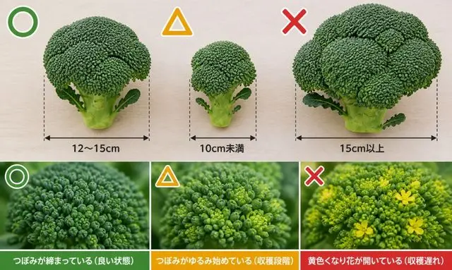 ブロッコリーの収穫サイズと状態の見分け方｜12〜15cmが適期とつぼみの締まり比較