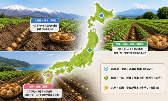 じゃがいも 植え付け時期 地域別 北海道 関東 九州 違い 栽培マップ