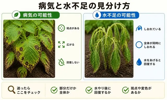 じゃがいもの葉が枯れる原因比較（病気の斑点と水不足のしおれ）
