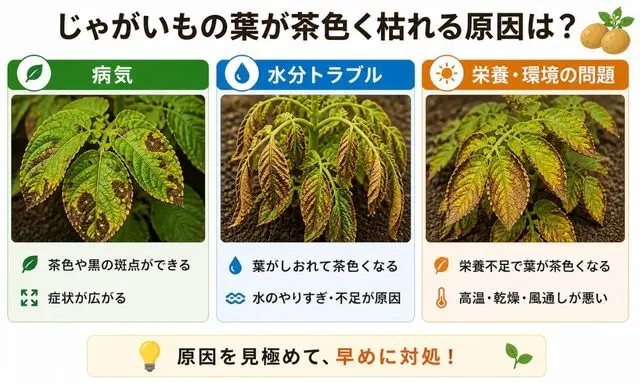 じゃがいもの葉が茶色く枯れる原因（病気・水分トラブル・環境ストレス）
