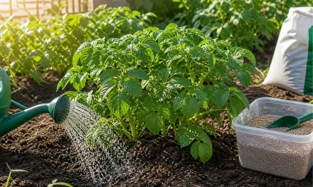日当たりの良い場所で水やりと肥料管理をしているじゃがいもの株