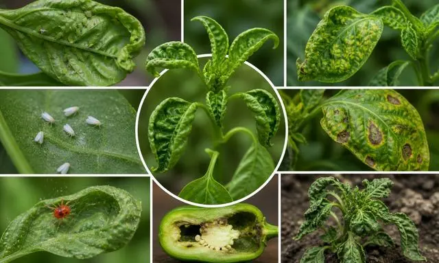 ピーマンの葉が丸まる害虫・病気の症状例(アブラムシ・ハダニ・斑点・変形)