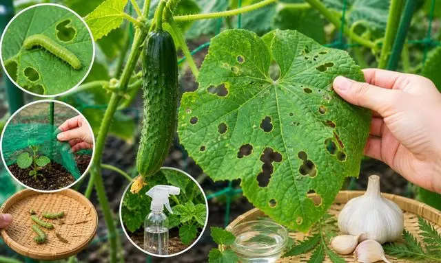 きゅうりのイモムシ被害による葉の穴と無農薬でできる防除対策のイメージ