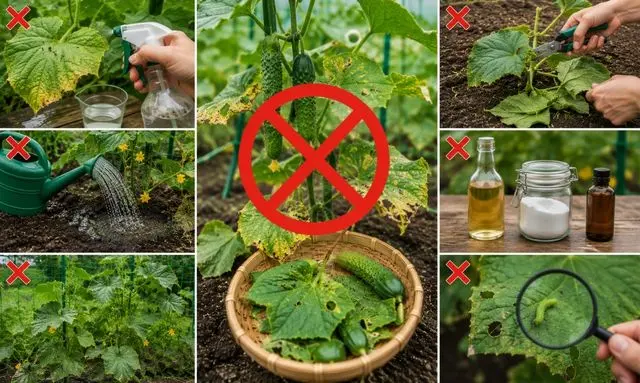 きゅうりの無農薬害虫対策で逆効果になりやすいNG例と葉傷みのイメージ