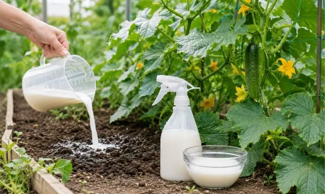 きゅうり畑の土へ牛乳をまいている様子と牛乳スプレーを比較している家庭菜園の風景
