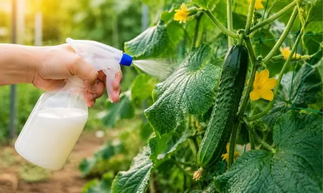 朝のきゅうりに牛乳スプレーを吹きかけている正しい害虫対策の様子
