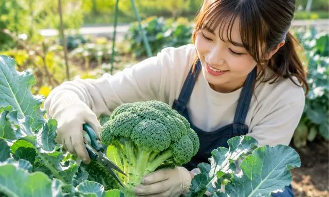 収穫適期のブロッコリーを畑で確認する若い女性|つぼみの締まりと大きさで見極める収穫タイミング