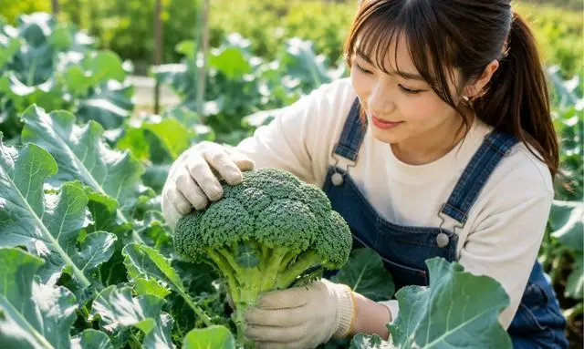 収穫前のブロッコリーのつぼみを確認する若い女性|締まり具合で見極める収穫適期のサイン