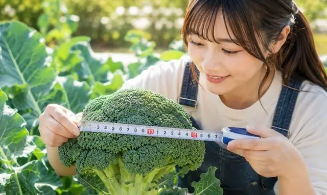 収穫サイズのブロッコリーを測る若い女性|直径10〜15cmの収穫目安を確認する様子