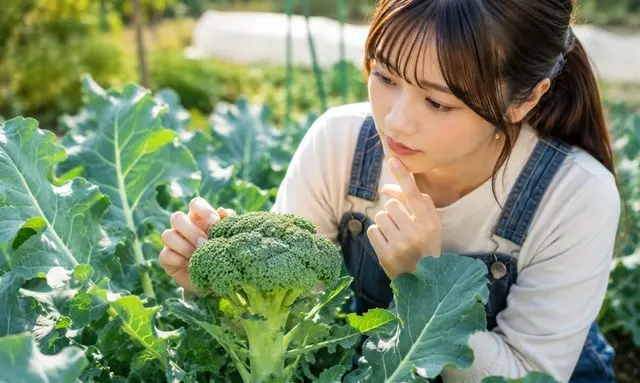 まだ早いブロッコリーを畑で確認する若い女性|収穫前のつぼみの締まりや大きさを観察する様子