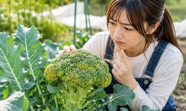 収穫遅れで黄色くなり始めたブロッコリーを確認する若い女性|採り遅れサインを見極める様子