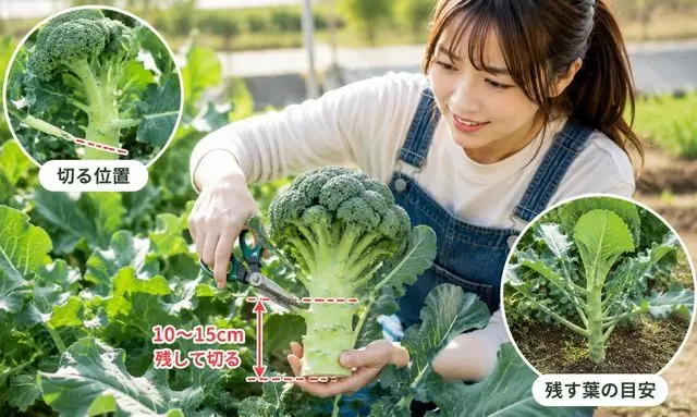 ブロッコリーの正しい切る位置を解説する収穫ガイド画像|茎を10〜15cm残す収穫方法と葉の残し方