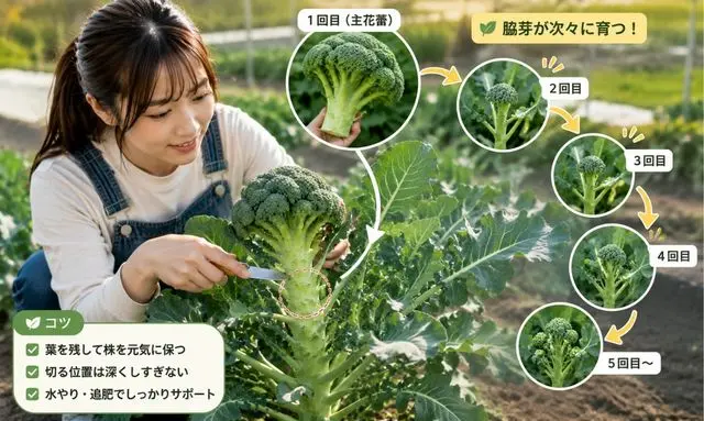ブロッコリーの脇芽収穫を解説する再生栽培ガイド画像|主花蕾収穫後に何回も楽しむ育て方