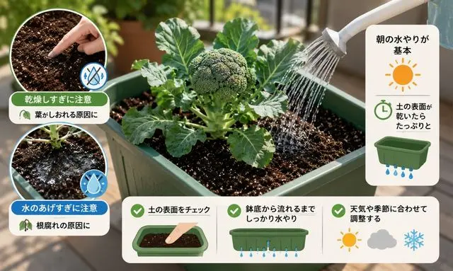 ブロッコリーの水やり管理方法｜乾燥と過湿を防ぐプランター栽培のコツを図解
