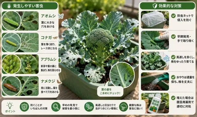 ブロッコリーにつきやすい害虫一覧と対策方法｜アオムシ・コナガ・アブラムシを図解で解説