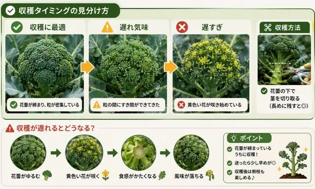 ブロッコリーの収穫タイミング比較｜適期・遅れ気味・遅すぎの違いを図解で解説