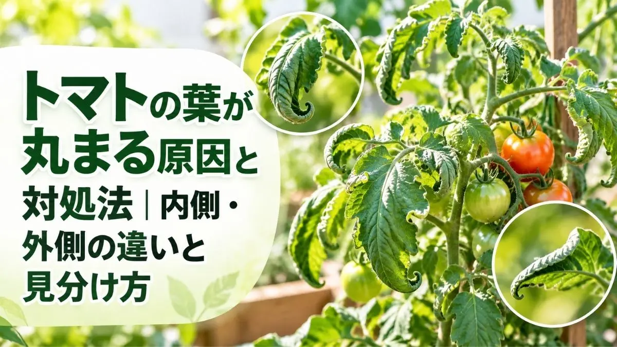 家庭菜園で育つトマトの葉が内側・外側に丸まる症状を拡大表示し、葉巻の原因と対処法を紹介するアイキャッチ画像。